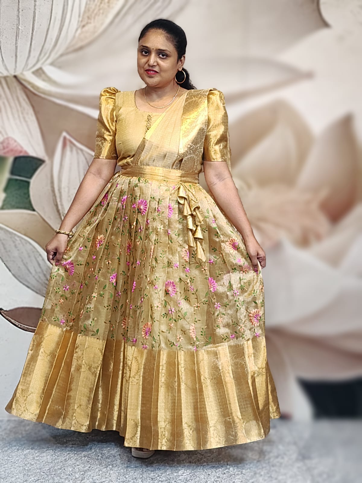 D15/FloraL/Golden Yellow/Tissue Kota with Embroidery/Maxi